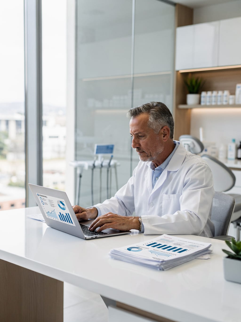 Doctor at laptop with charts and paperwork.