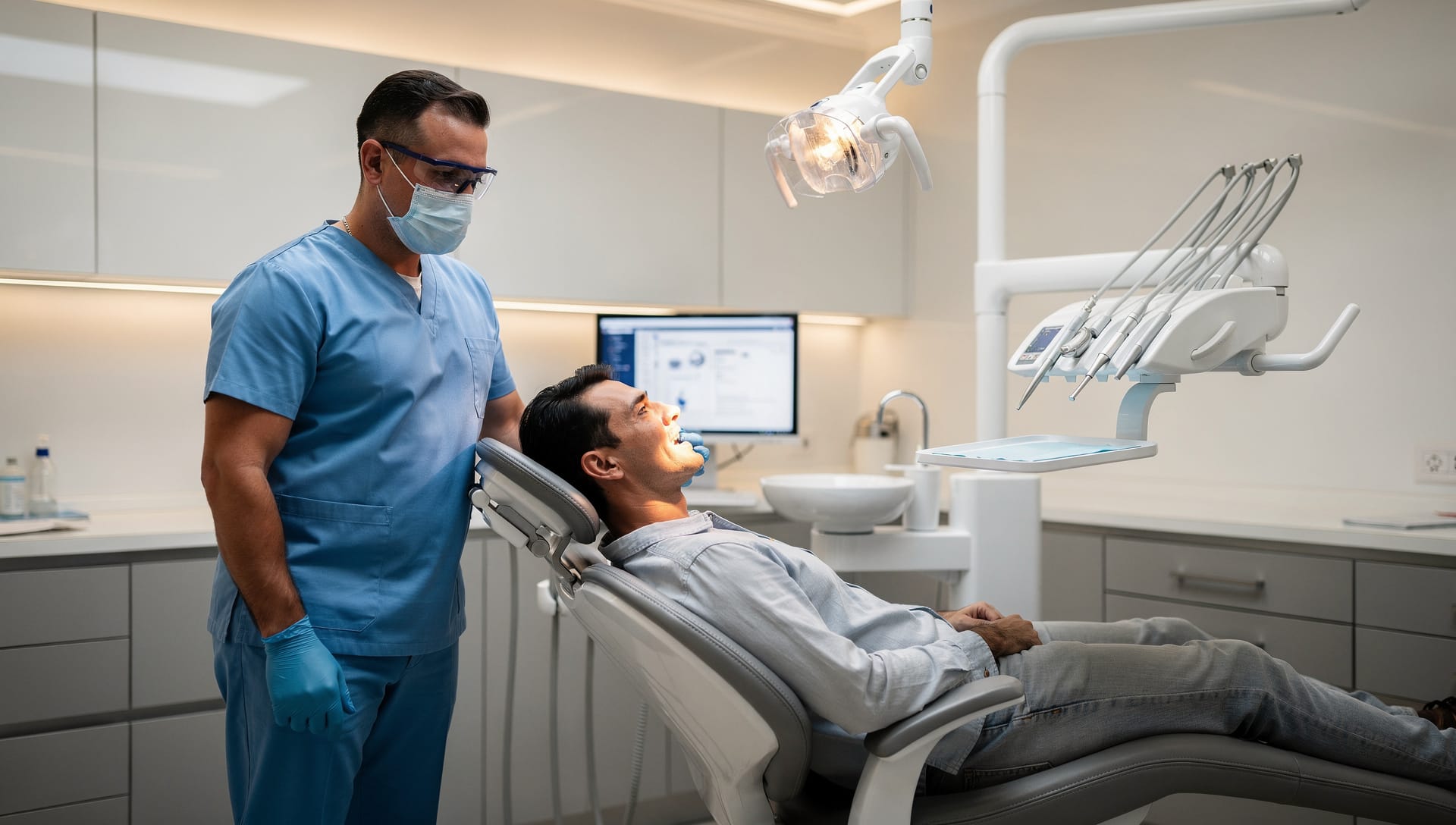 A dentist examining a patient in a modern, well-equipped dental treatment room.