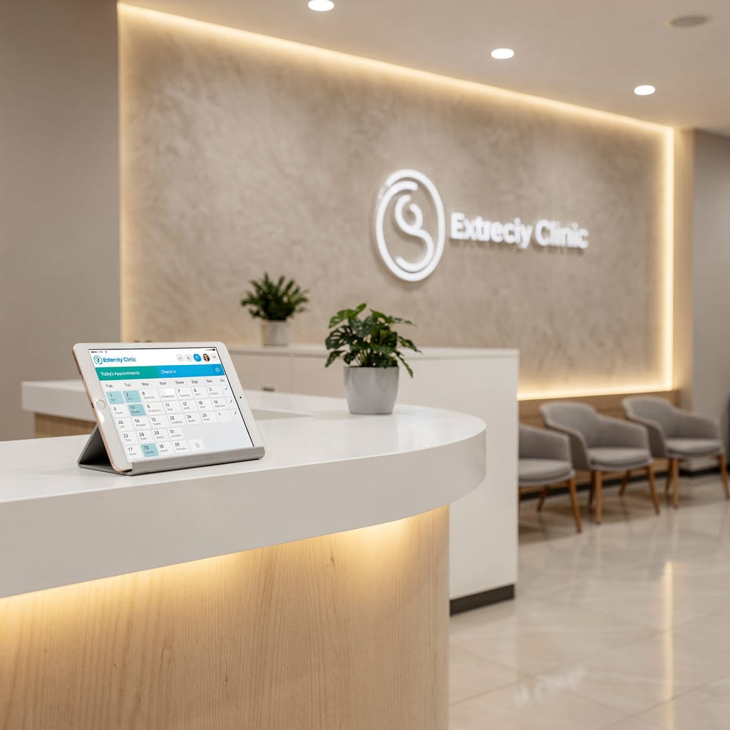 A dental clinic reception desk with a tablet showing the day's appointment calendar.