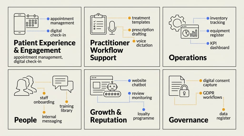 Diagram of six operational domains with one conversational core.