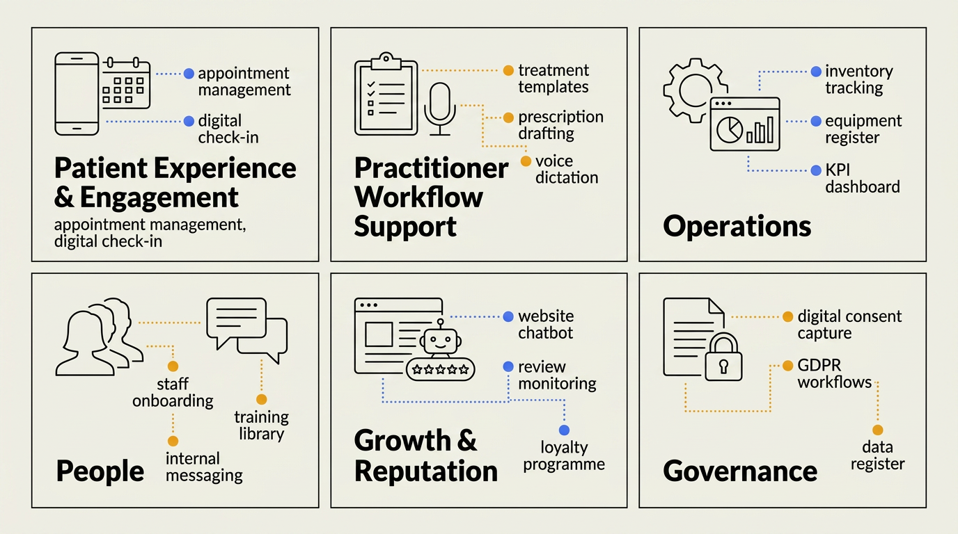 Diagram of six operational domains with one conversational core.